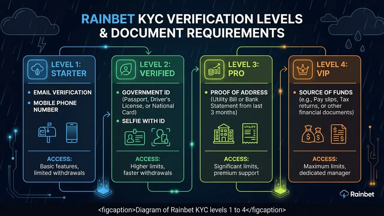 Diagram of Rainbet KYC levels 1 to 4