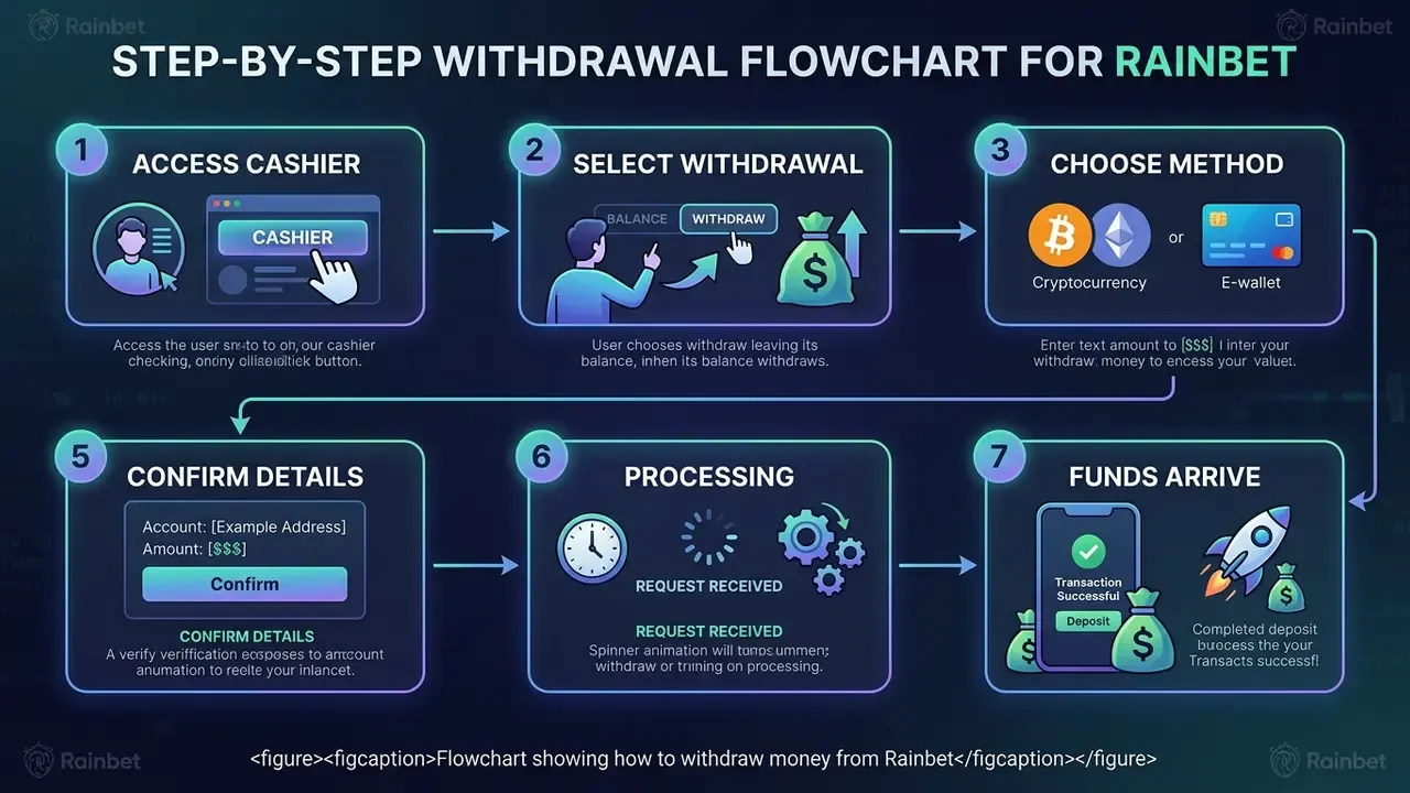 Flowchart showing how to withdraw money from Rainbet