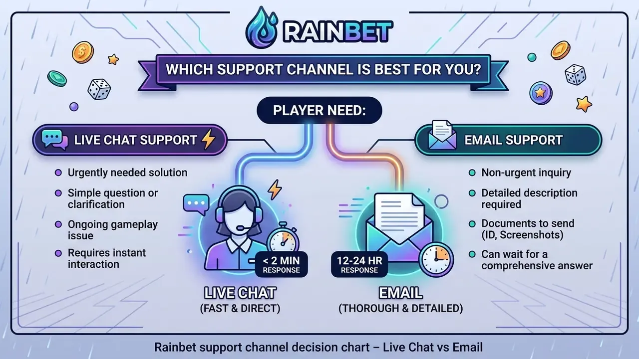 Rainbet support channel decision chart – Live Chat vs Email