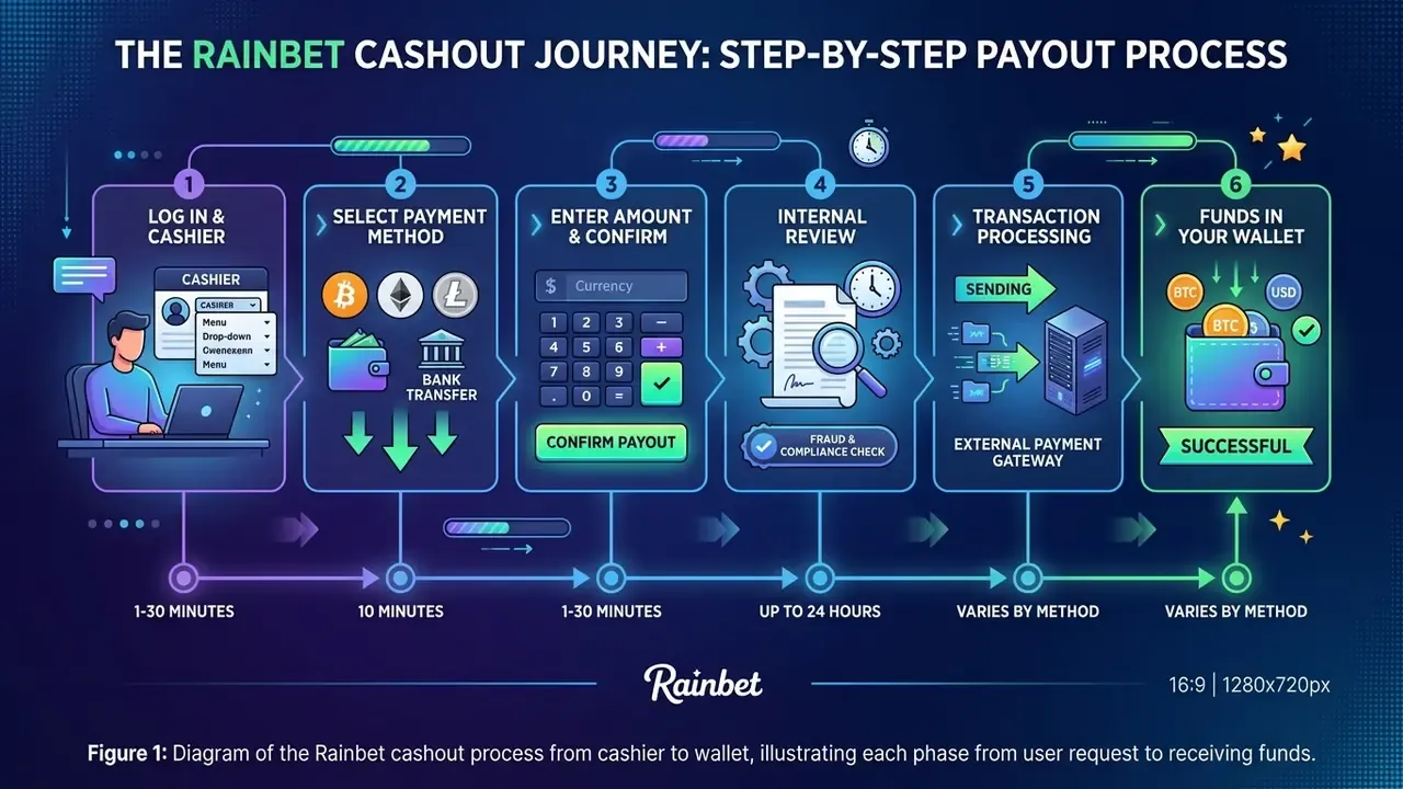 Diagram of the Rainbet cashout process from cashier to wallet