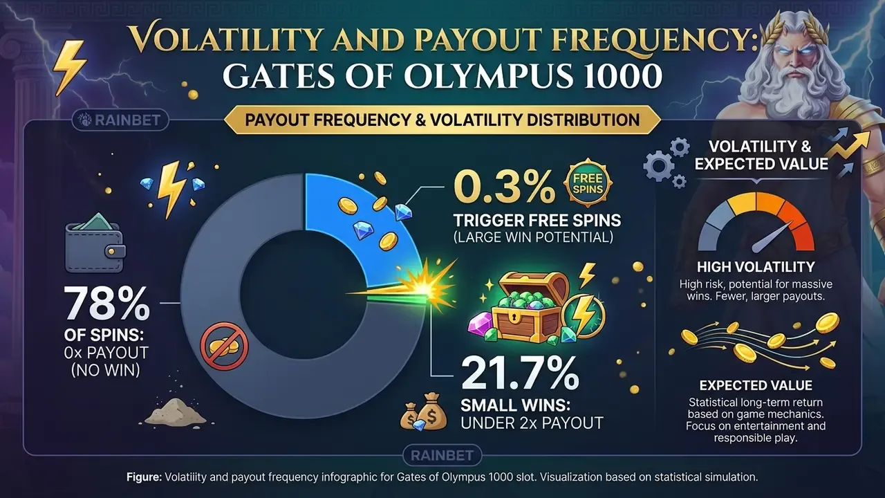 Volatility and payout frequency infographic for Gates of Olympus 1000